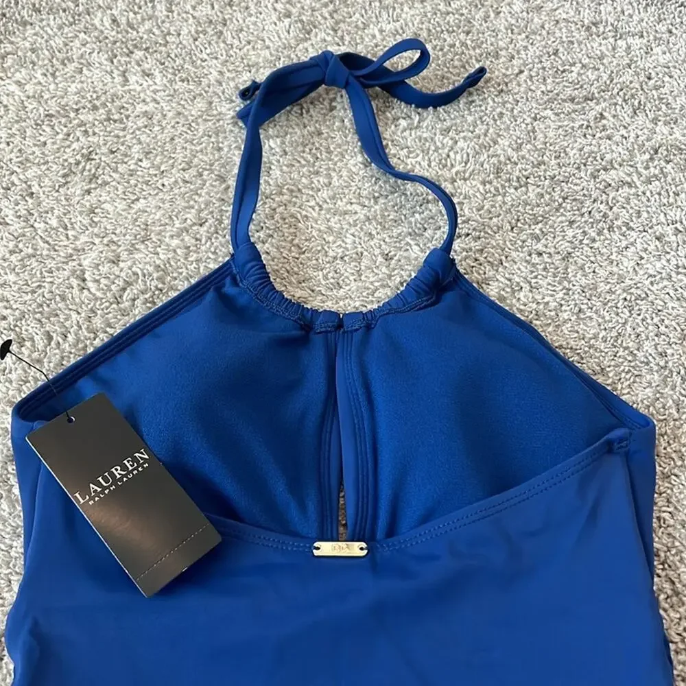 NWT $135 LAUREN Ralph Lauren Plus Sz 14 Sapphire Blue‎ One Piece Swimsuit Halter